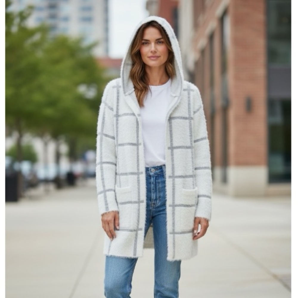 Indigo Rose Cozy Soft Plaid Cardigan with Hoodie and Pockets, White & Gray, Sz M